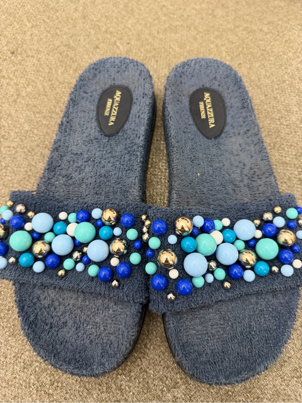 Aquazzura Navy Beaded Terry Slide Sandals